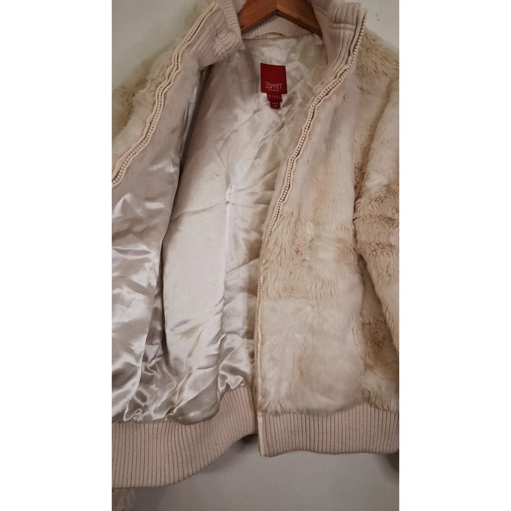 Vintages 90s Y2K Faux Fur Jacket Patchwork Cream Ivory Winter Coat Full Zip Glam